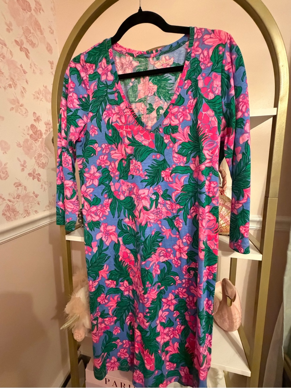 Lilly Pulitzer Blue Dress with Pink Floral & Green Leaves
